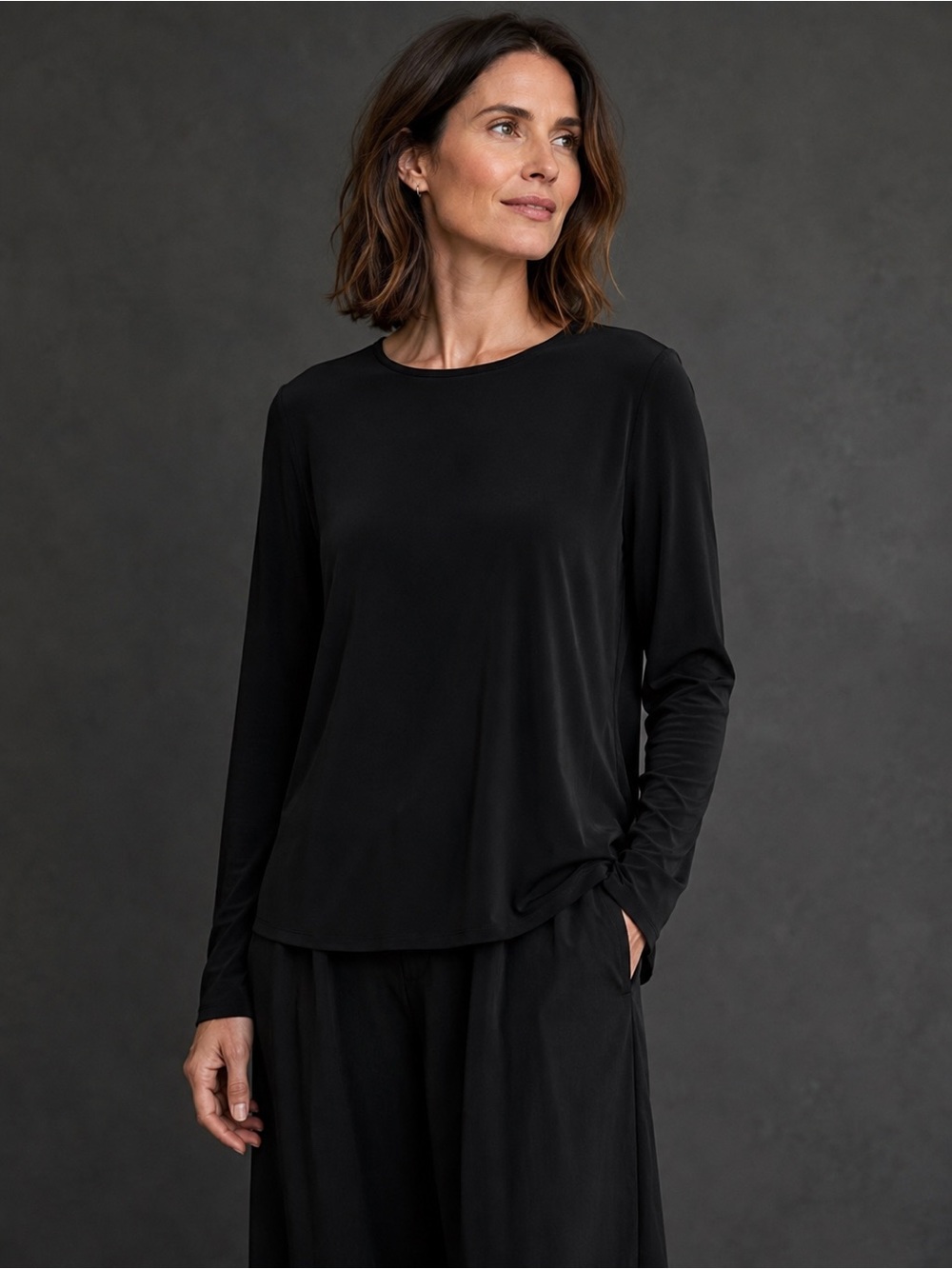 Eileen Fisher Black 100% Silk Long Sleeve Top Blouse Large